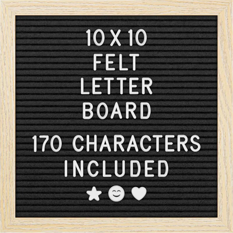 Felt Letter Board - 10x10", Black - 170 Letters, Numbers & Emojis for Celebrations & Announcements - Customizable Message Letterboard w/Wooden Frame for Decor & Office Use - by