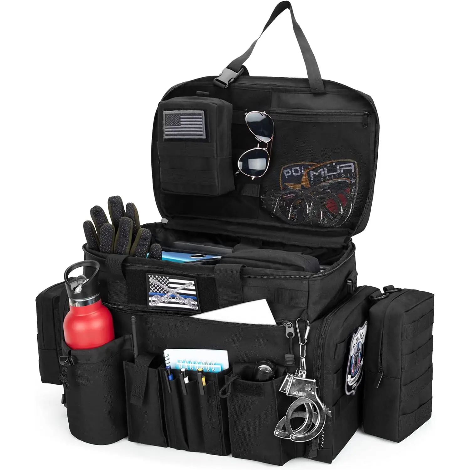 Car Front Seat Organizer Patrol Bag - Polyester, Clip-On, MOLLE Webbing, Removable Divs, 15.6” Laptop/Tablet Storage for Law Enf. Duty Use