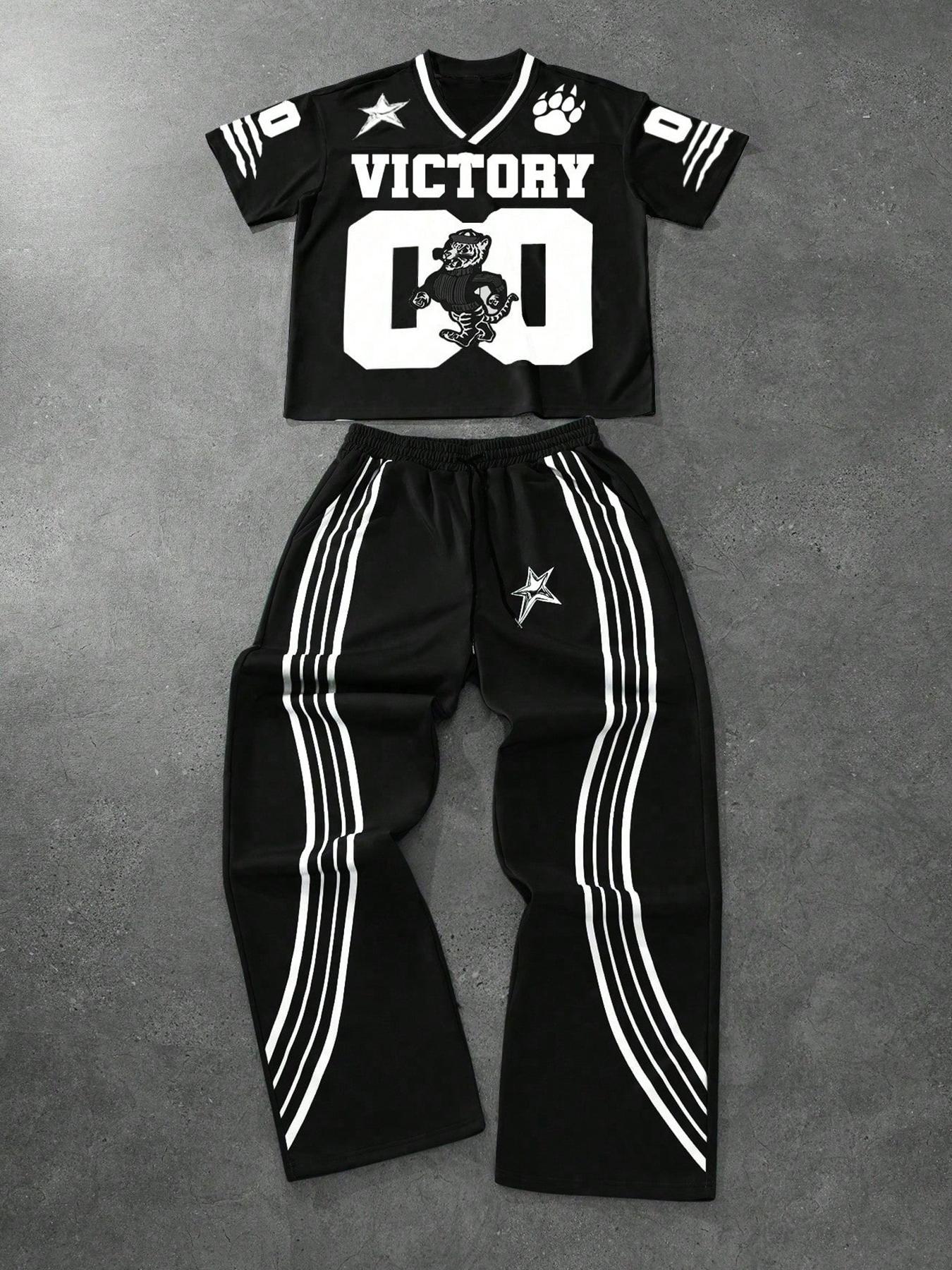 Men's Tiger Print Drop Shoulder Tee & Striped Print Trouser  Two-piece Set, Regular Fit Casual Fashion Cozy Breathable Two Piece Outfits for Daily Outdoor Wear, Men Clothes for All Seasons