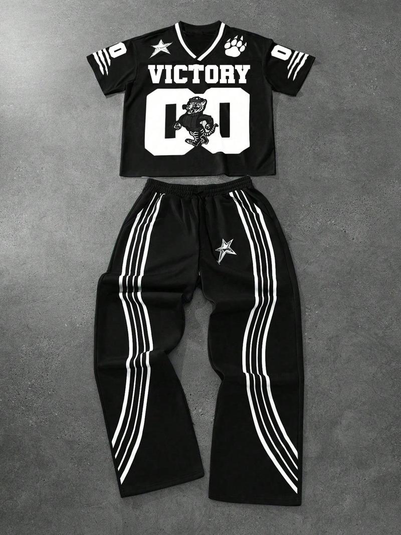 Men's Tiger Print Drop Shoulder Tee & Striped Print Trouser Two-piece Set, Regular Fit Casual Fashion Cozy Breathable Two Piece Outfits for Daily Outdoor Wear, Men Clothes for All Seasons,  Menswear, Crewneck Baseball Outfit