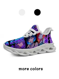 1 Pair Dark Base Neon Fluorescent Print Girl Group Cartoon Characters, Bunnies & K-POP Slogans Kids Running Shoes With White Hollow Wave Thick Sole, Cyber City Neon Girly Casual Sports Style, White Trim Elastic Lace-up Soft Elastic Non-slip Outsole, Versa
