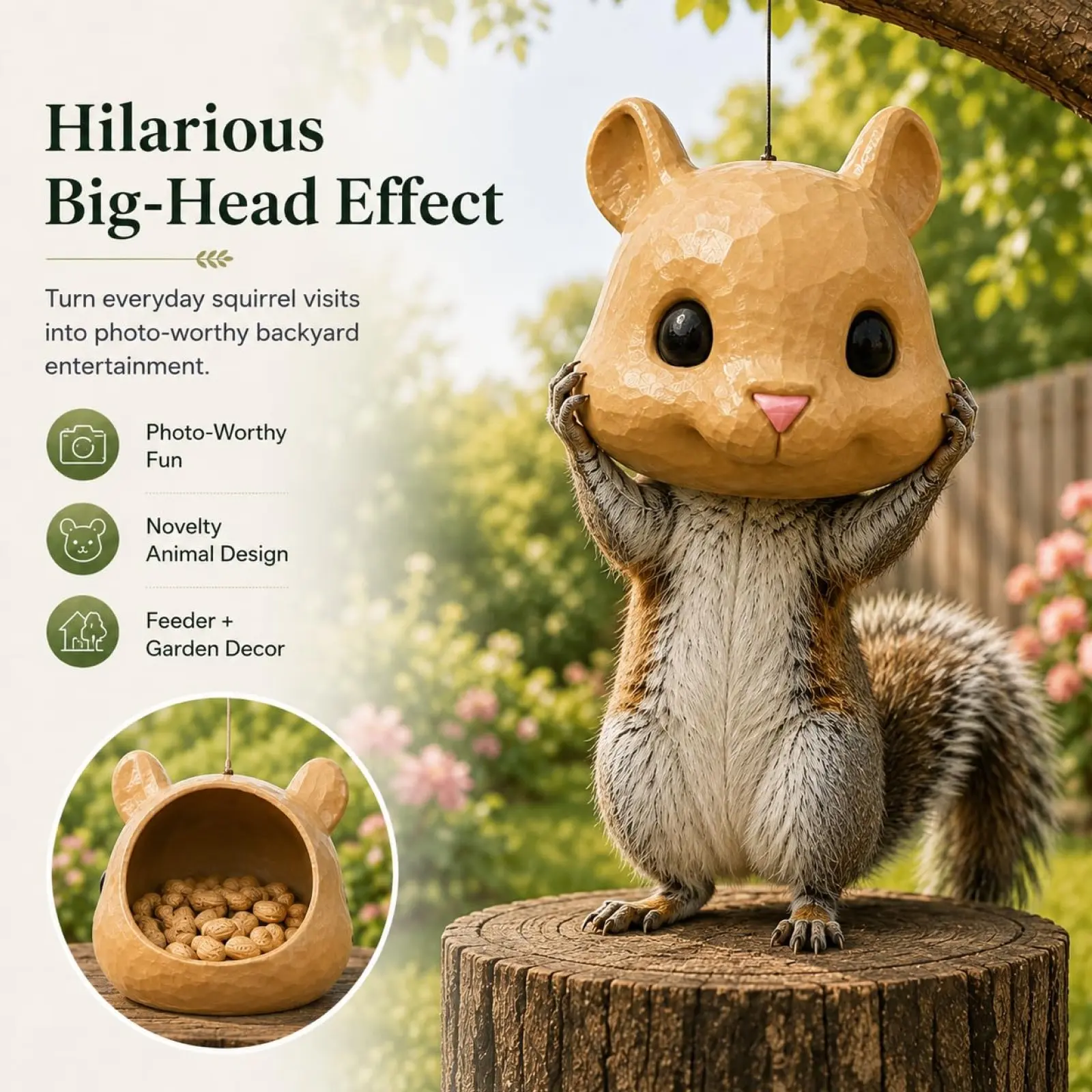 Squirrel Head Feeder, Funny Animal Face Hanging Feeders for Outdoor Backyard Garden Patio Decor, Unique Novelty Gifts for Animal Lovers