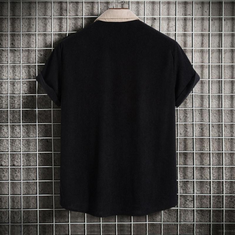 Men's corduroy color-block short-sleeve shirt, casual button-up shirt with chest pocket, vintage summer street style, soft and breathable, suitable for everyday wear