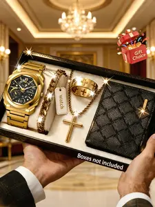 5pcs Men's Casual Sports Set, Multi-Function Watch, Shiny Necklace, Ring, Bracelet, Wallet, Perfect for Daily Wear, Birthday Gift, Personal Use
