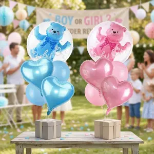 A set of bear-shaped balloons, including blue and pink balloons and bear-shaped foil balloons, suitable for gender-revealing party decorations, weddings, birthdays, and table center decorations.