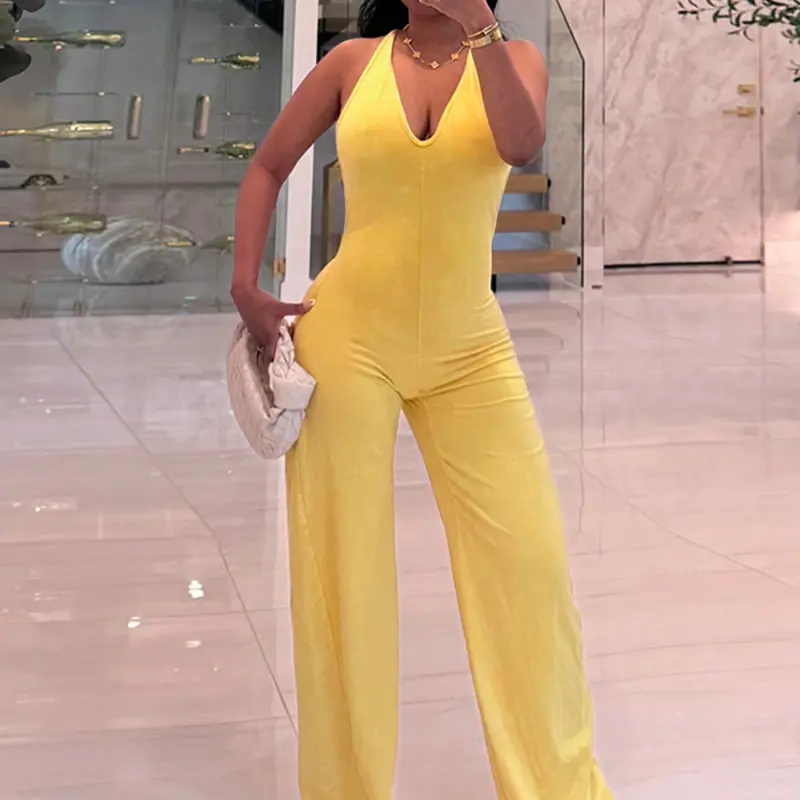 Women's Elegant V-Neck Halter Sleeveless Cinched Waist Wide-Leg Jumpsuit with Matching Headband, Casual Fitted Solid Color for All Seasons