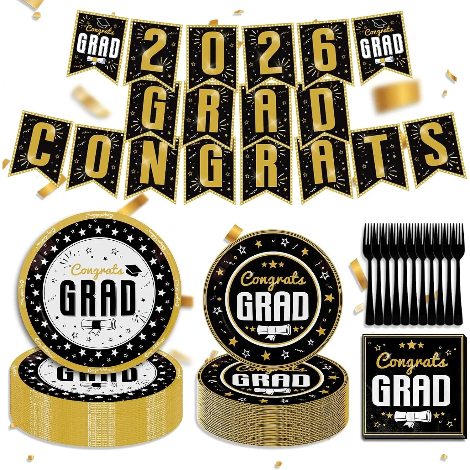 100 count Graduation Class of 2026 Disposable Dinnerware Set with Plates Napkins Forks and Banner Party Decorations, Serves 25 Guests School College Graduation Theme Party Supplies (Black)