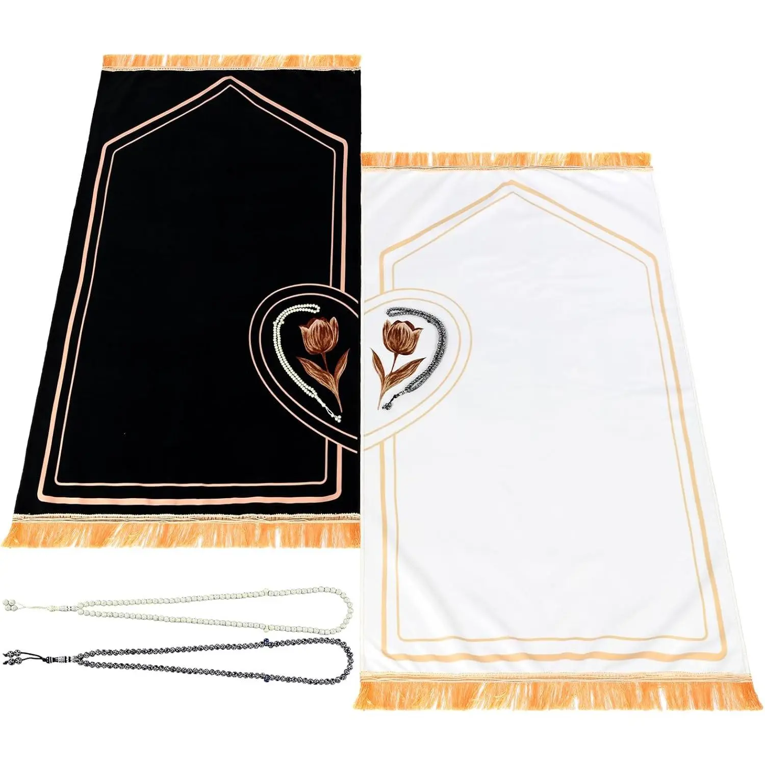 Tegeme 2 Pcs Muslim Couple Prayer Rug Set with 2 Pcs Delicate Prayer Beads Heart Rose Design Black White Soft Velvet Muslim Mat for Women Men Ramadan Eid Wedding Birthday Gifts