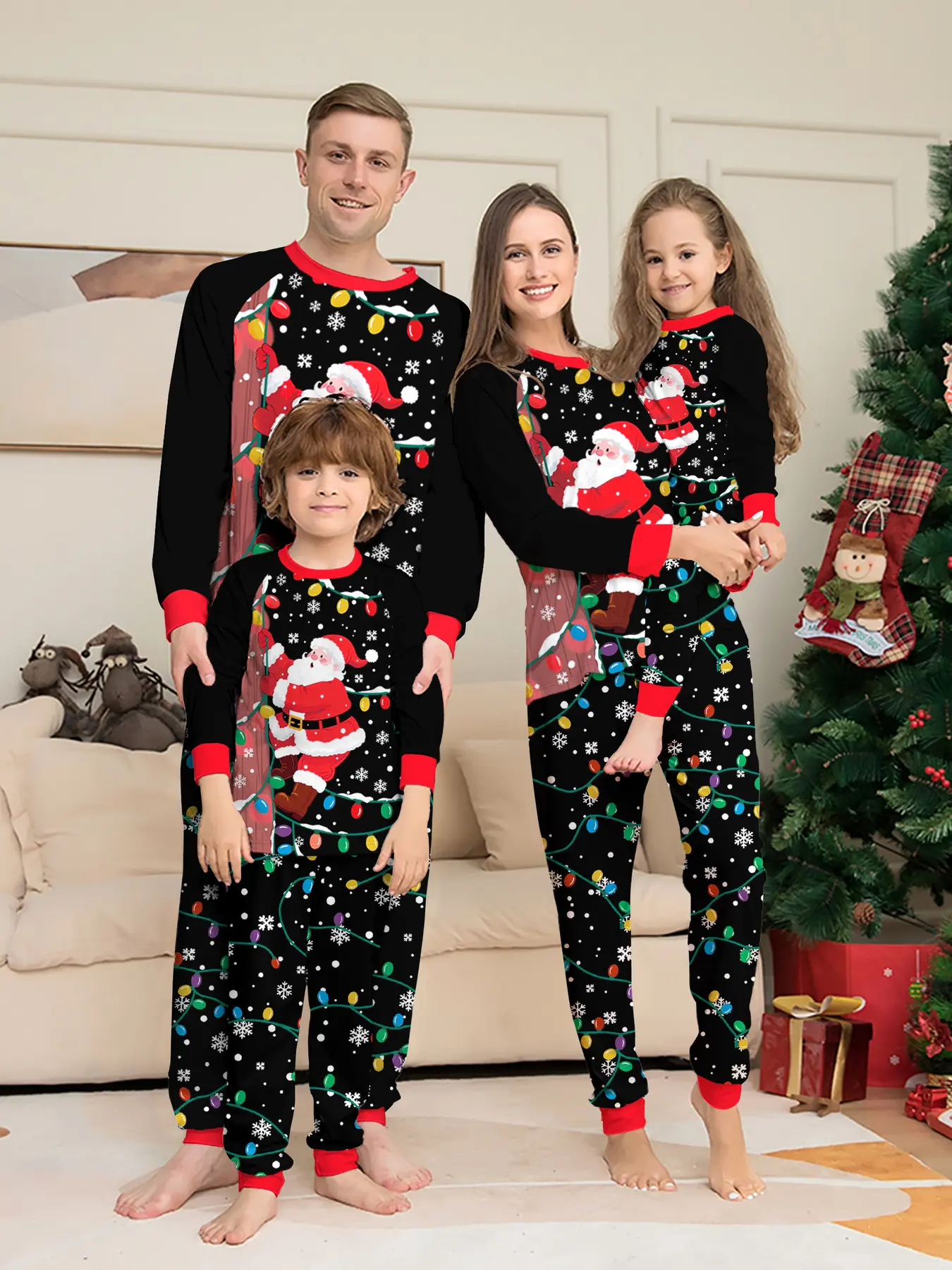 Matching Family Christmas Long Sleeve Pajama Set, Matching Outfits for Adults & Kids, Color Block Cuffed Loungewear, Couple & Family Matching Sleepwear, Color Contrast Raglan Sleeve Xmas Family PJs, Soft Comfy Home Wear for Families of 3 or 4