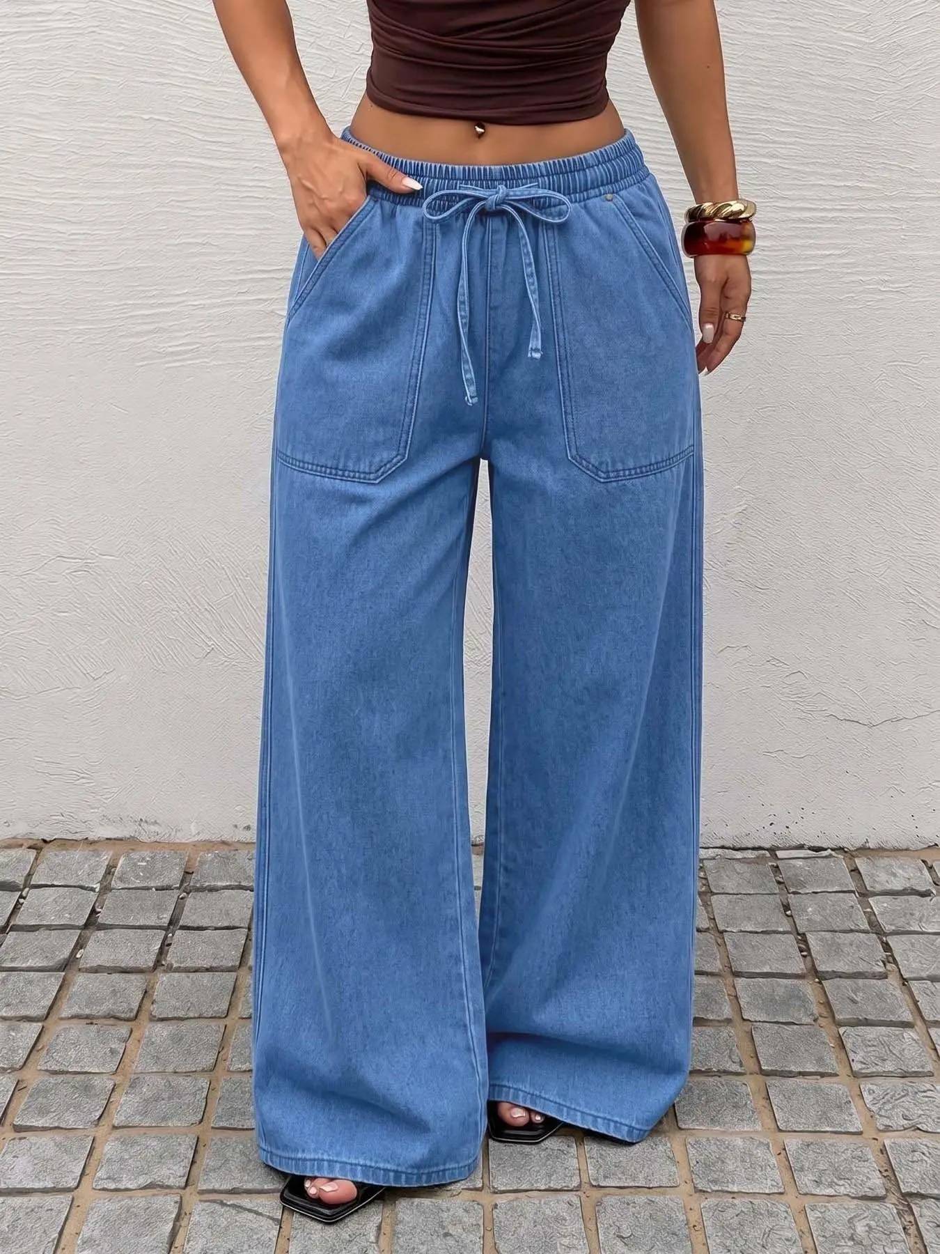 Vintage Washed Blue Adjustable Drawstring Waist Loose Wide Leg Jeans, Women's Large Pocket Casual Streetwear Jean Pants, All Seasons Comfortable Fit