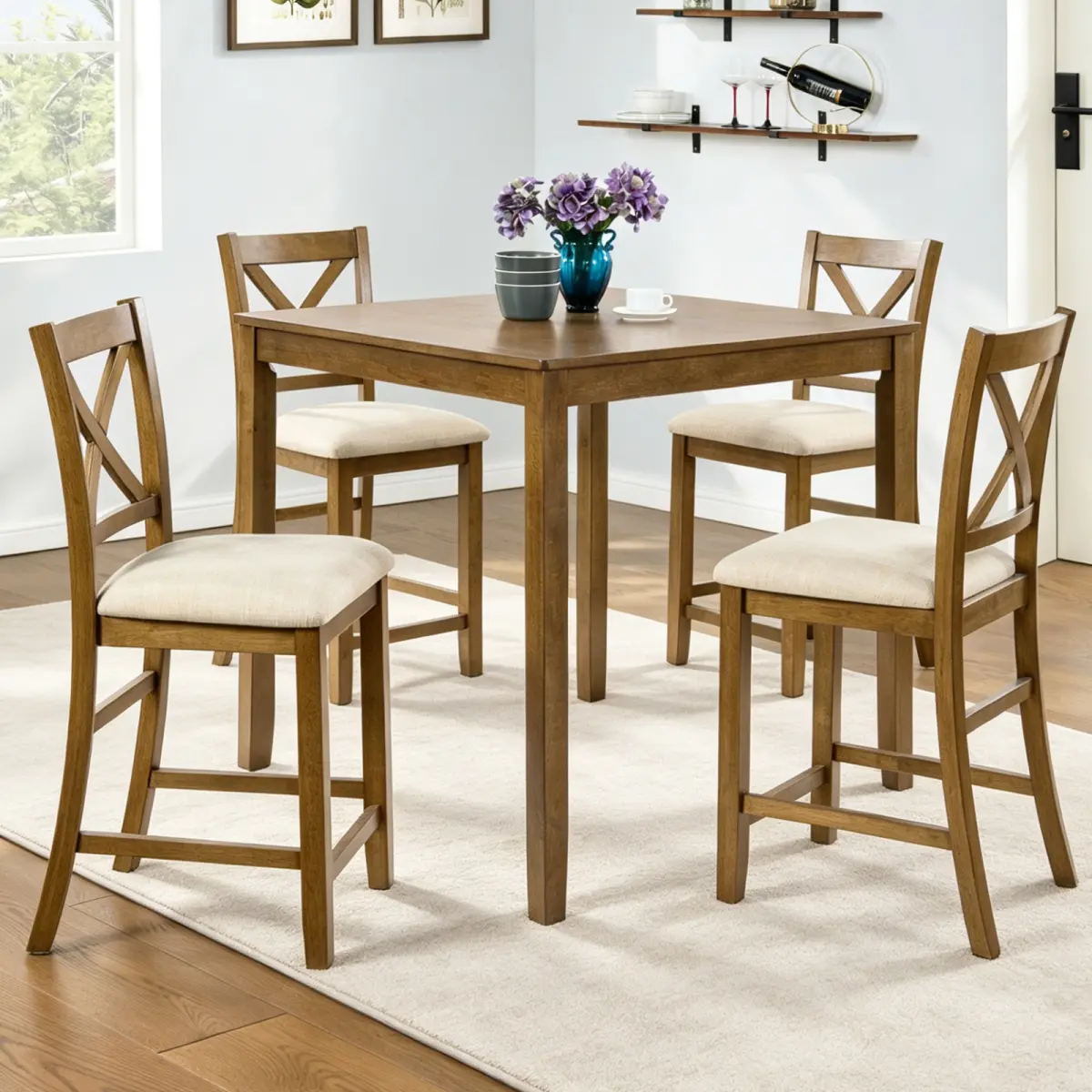 Aobtkel Oak Finish 5-Piece Counter Height Kitchen Table Set - Square Table, 4 X-Back Ergonomic Counter Height Chairs, Solid Wood Frame, Waterproof Surface, Easy Assembly - Ideal for Small Spaces, Kitchen