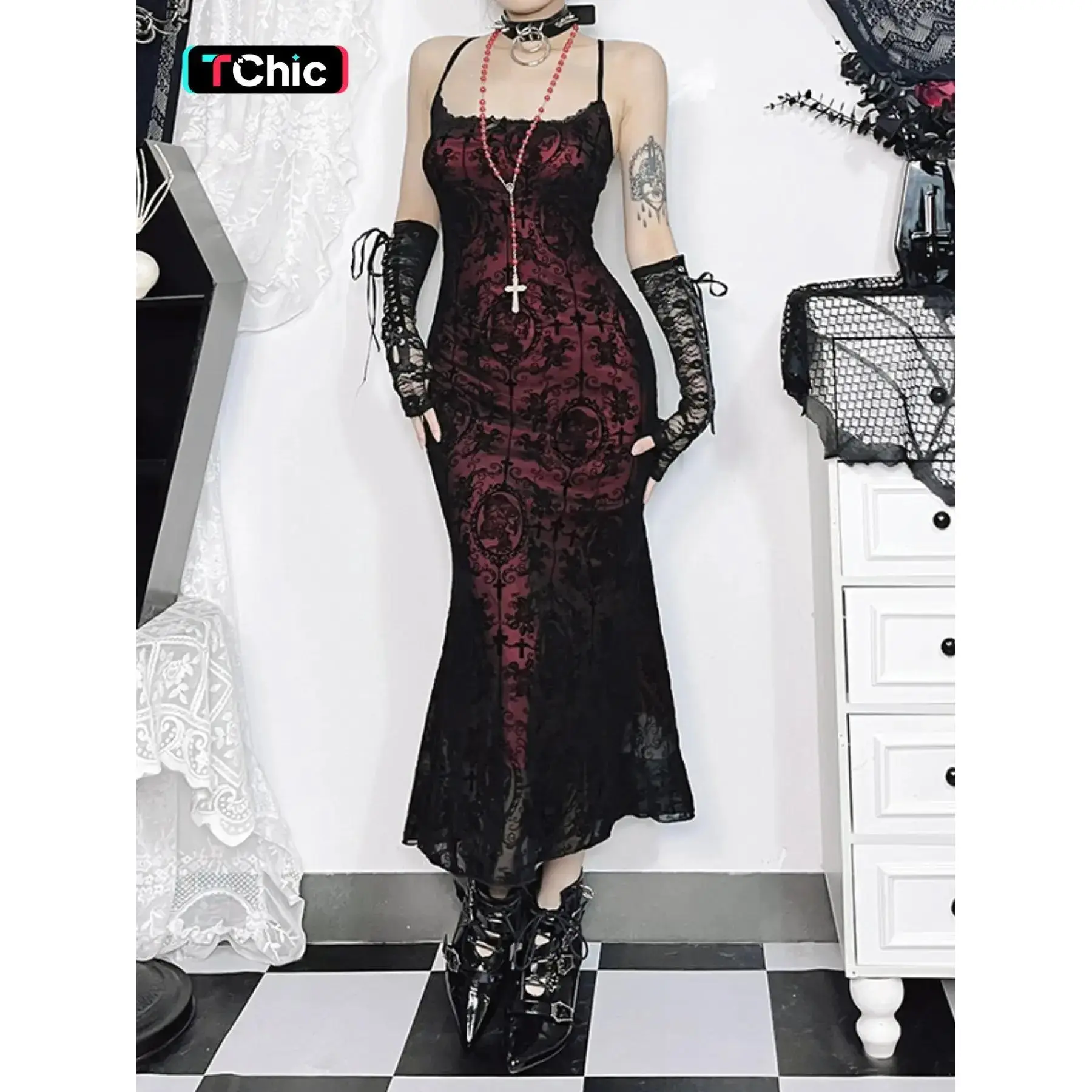 Women's Halloween All Over Floral & Cross Jacquard Bow Front Semi-sheer Lace Cami Dress, Punk Fashion Sleeveless Spaghetti Strap Midi Dress for Party Holiday, Ladies Clothes for All Seasons