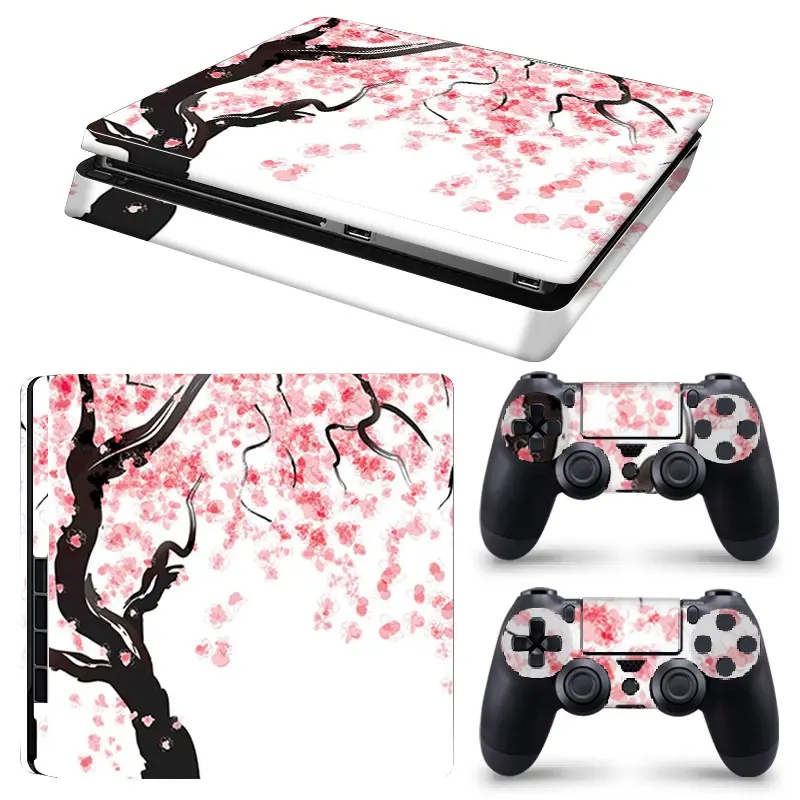 Pink Blossom Branch Vinyl Skin Sticker Set Compatible with PS4 Slim, 1 Console Skin + 2 Controller Skins, Waterproof, Scratch Resistant, Durable, Removable No Residue