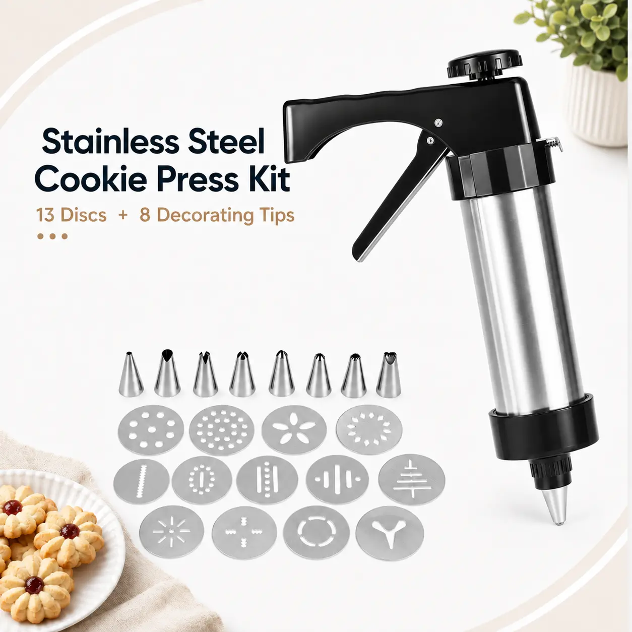 MIUVA Cookie Press  Stainless Steel Cookie Maker Gun with 13 Discs and 8 Decorating Tips Soft Dough Biscuit Press Frosting Baking Tool for Home Kitchen Holiday Cookies