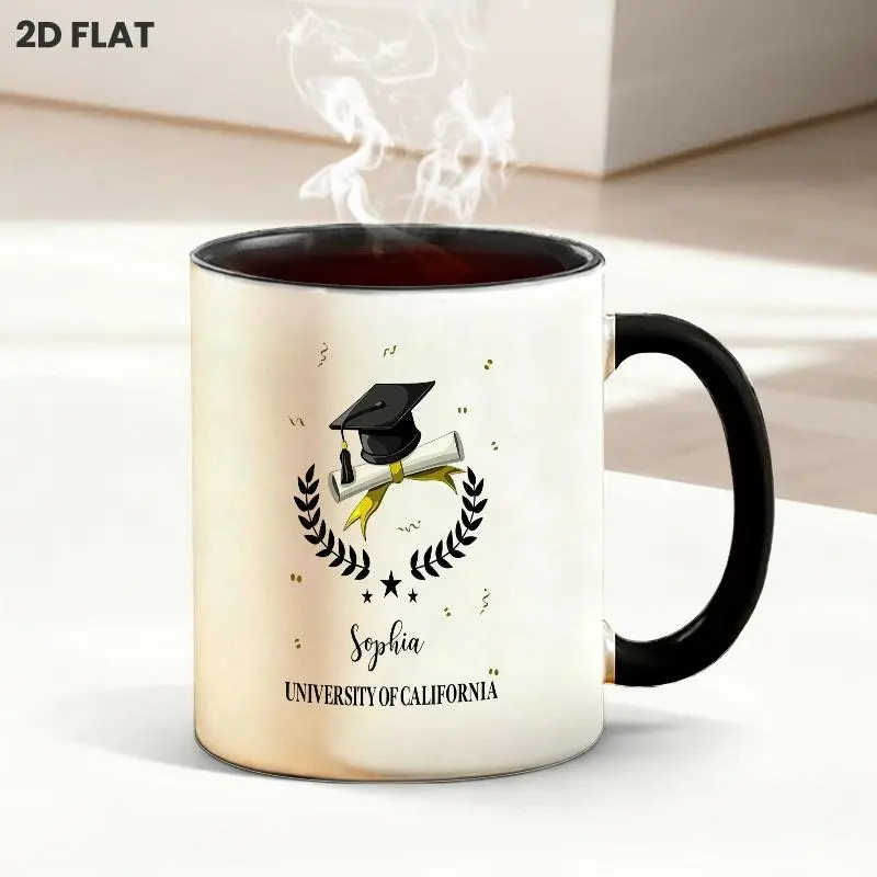 Graduation Themed 11oz Ceramic Mug, Black Graduation Cap & Diploma Print with Laurel Wreath, Gold Confetti Details, Multiple Specifications Available, Ideal for Daily Coffee & Beverage Use at Home or Office
