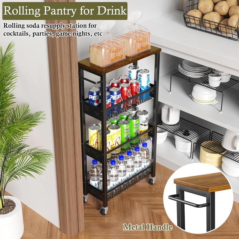 4-Tier Slim Rolling Cart with Wooden Tabletop,Mobile Metal Utility Storage Cart,Slide Out Narrow Cart for Tight Spaces on Bathroom Kitchen Laundry Room Bedroom Apartments Dormitory Deals For You Days