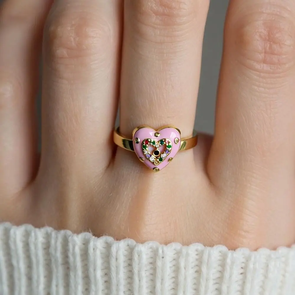 Maximalist Stacking Jewelry for Daily Shine, High-Saturation Enamel Heart Ring, Aesthetic Y2K Layering Accessory, Perfect Gift for Mom, Colorful CZ Ring