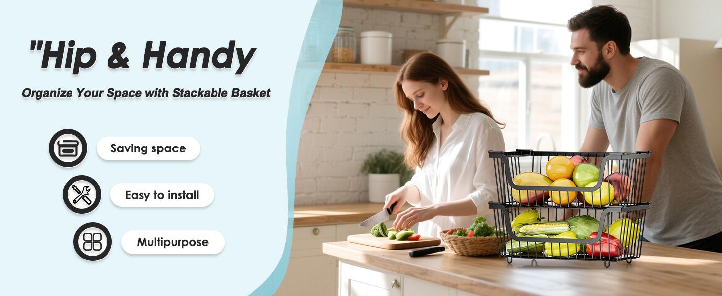 4 Pcs Stackable Wire Baskets for Pantry Organizers and Storage,Vegetable Fruit Basket for Countertop,Kitchen Storage Metal Baskets,Produce Potato Onion Storage Bin,Black