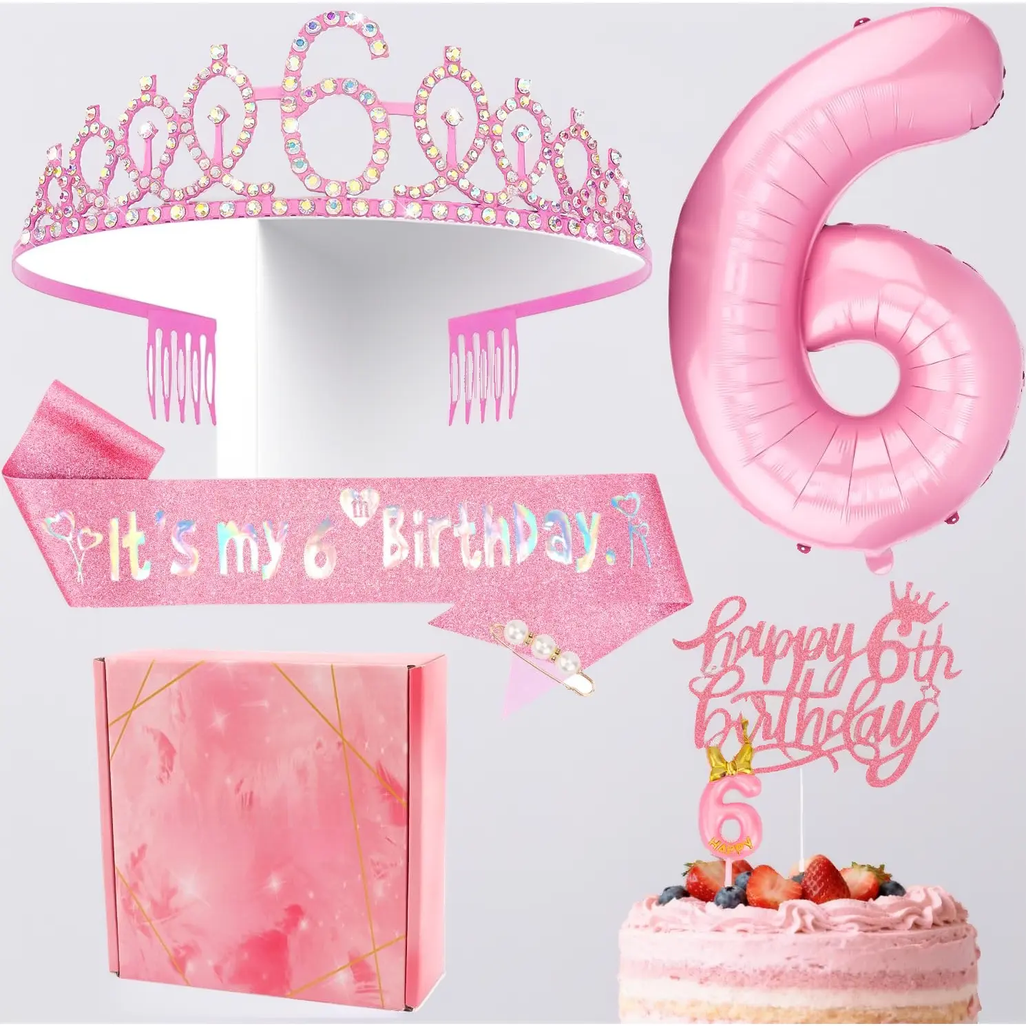Kids' Pink Princess Party Costumes & Accessories Kit - Happy Birthday Gifts for 6-Year-Old Girls, Includes Tiara Crown, Sash, Cake Topper Candle, Plastic Balloon Number 6, Prop