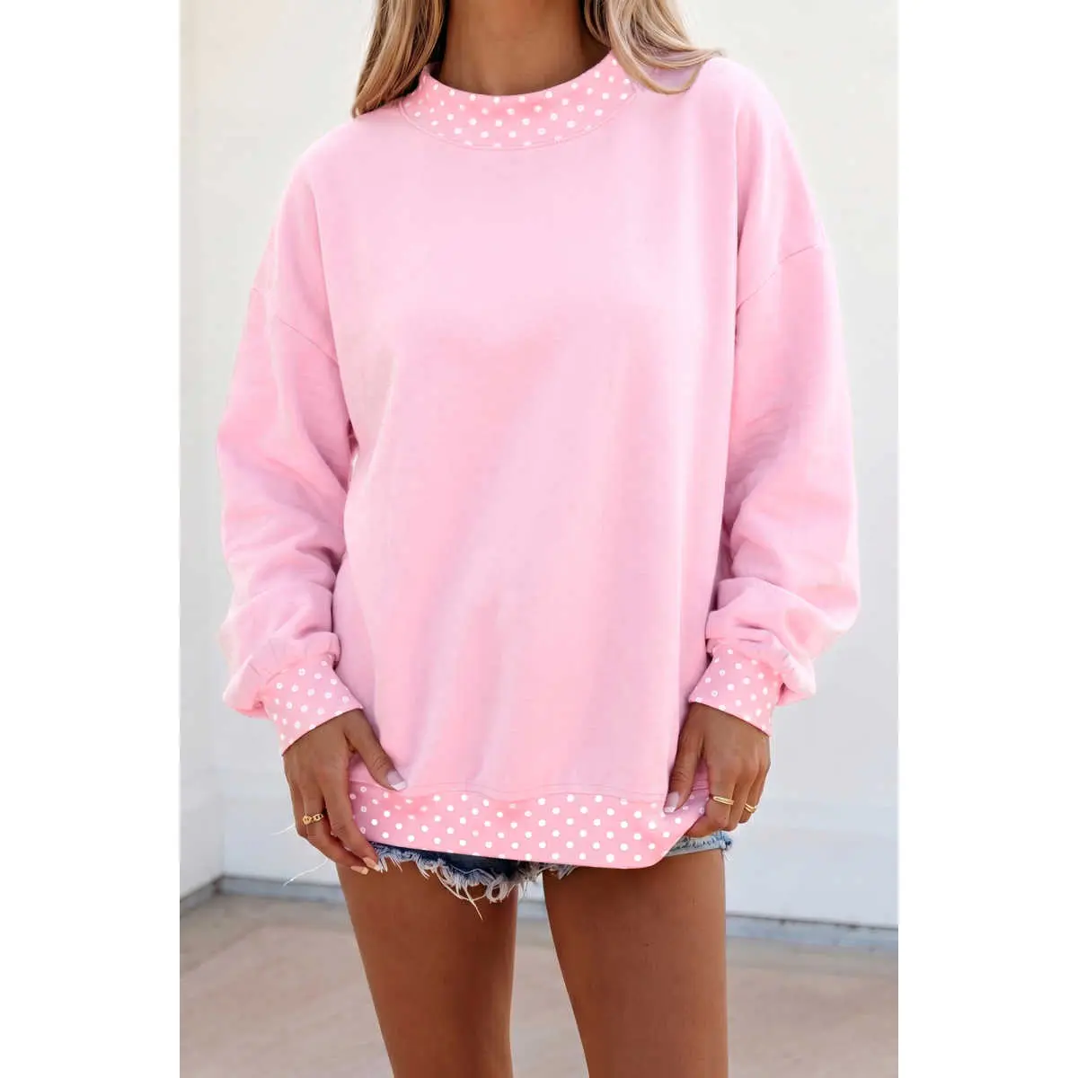Pink Colorblock Polka Dot Contrast Trim Oversized Sweatshirt