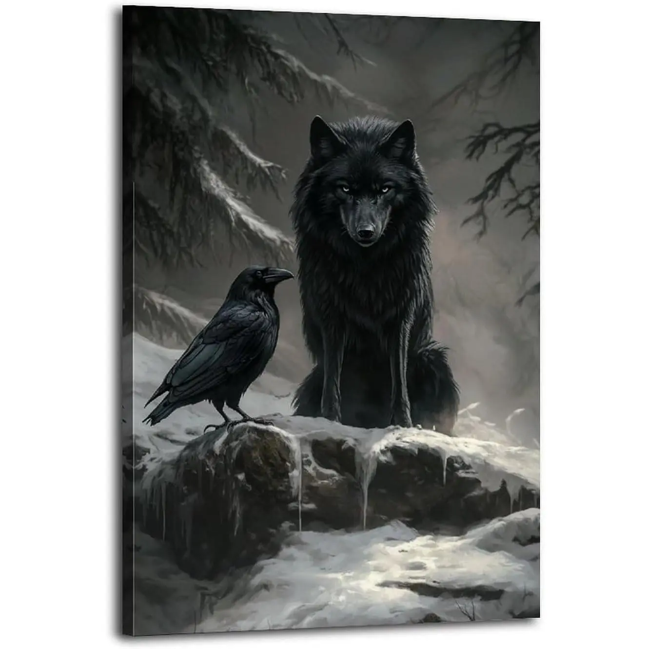 The Confrontation between The Black Wolf And The Crow in The Snowy Forest Wall Art Print Vintage Canvas Wall Art Wall Decor Aesthetic Modern Living Room Bathroom Decor Poster 16x24inch(40x60cm) Frame-