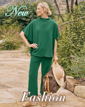 Imily Bela Women's Two Piece Outfits Crew Neck Pullover Tops 3/4 Batwing Sleeve Capelet Wide Leg Pants Casual Lounge Set