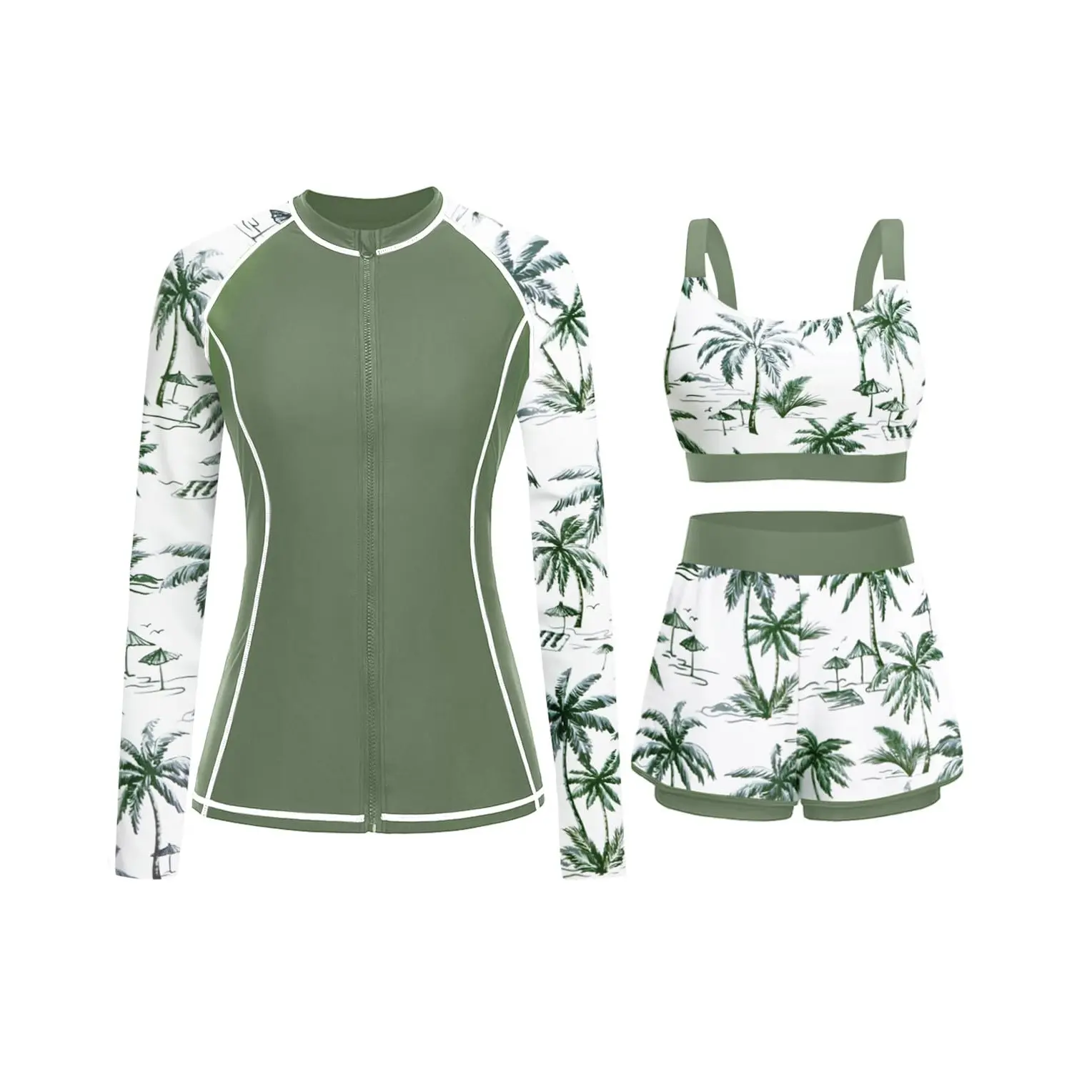 Three Piece Rash Guard for Women - Long Sleeve Swimsuits with Shorts SPF Zip up Swim Shirt with Built in Bra Beach Outfits SwimWeek