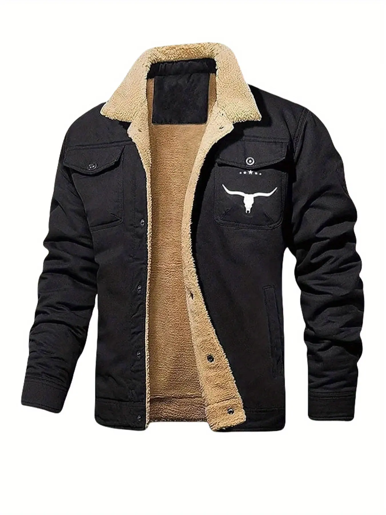 1PC Men's Casual Thick Jacket with Logo Print on Front, Button Closure Design, Multiple Pockets, Solid Color Winter/Spring Warmth-Resistant Coat