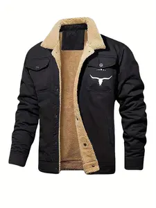 1PC Men's Casual Thick Jacket with Logo Print on Front, Button Closure Design, Multiple Pockets, Solid Color Winter/Spring Warmth-Resistant Coat