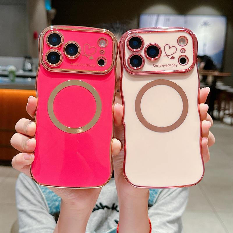 OREKROY Magnetic Case for iPhone 17 Pro Max 16/15/14/13/12 Pro Max,Work with Magsafe, Curly Wave Shape Plating Frame Cute Love Heart Cover, Full Camera Lens Protection Soft Durable TPU Shockproof Case
