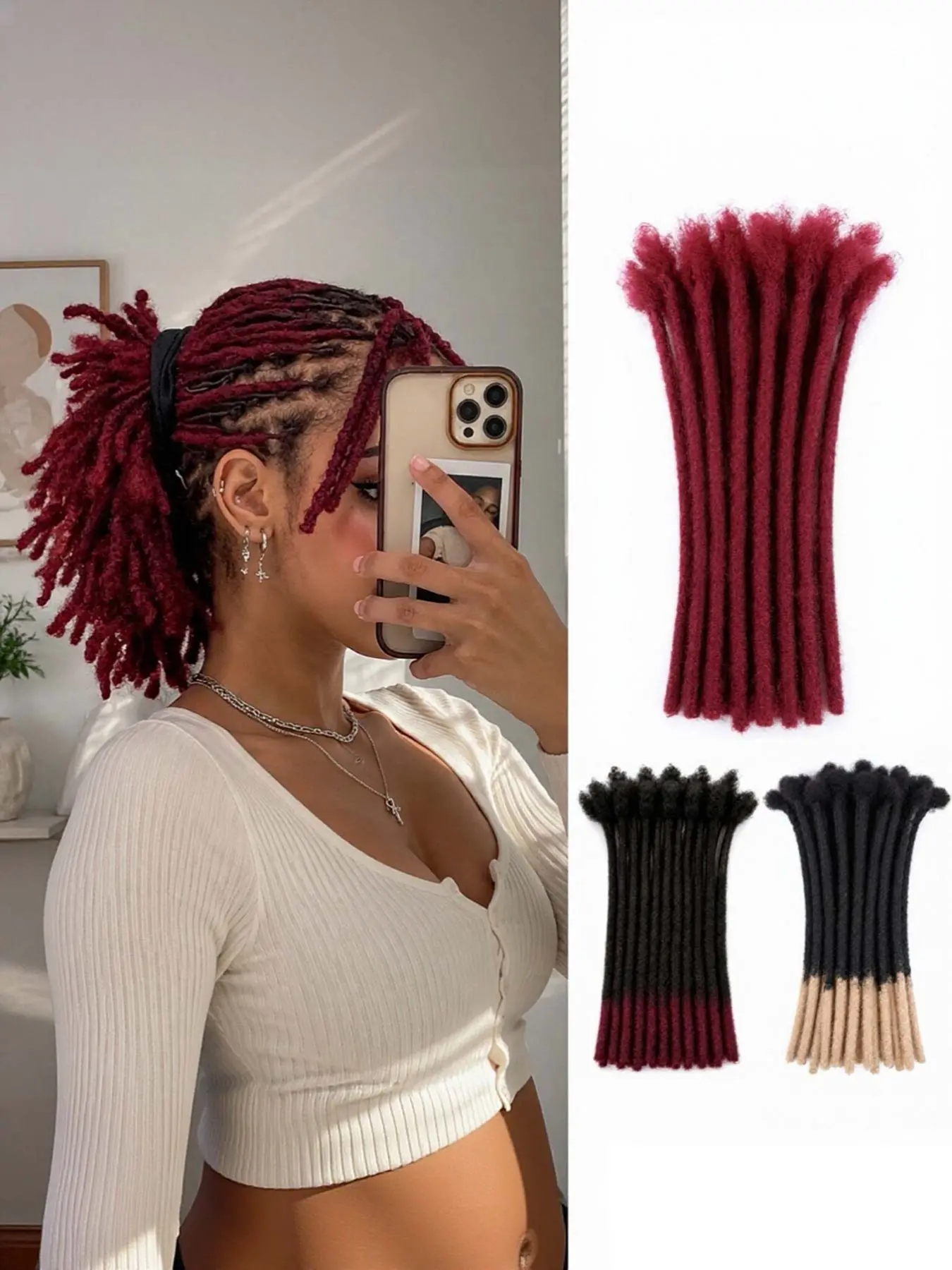0.6cm Thickness Options 8-12 Inch 10 Strands 100% Real Human Hair Dreadlock Extensions for Man/Women Handmade Permanent loc Extensions Bundles Can Be Dyed Bleached Curled Twisted 1B/613, 1B/99J, Red