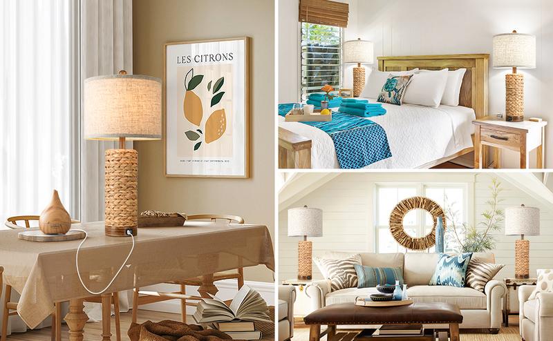 Set of 2 Rattan Table Lamps for Living Room with 2 USB Ports, 27in Tall Bedroom Lamp Costal Farmhouse, Rustic Woven Seagrass Bedside Nightstand Lamps for End Table, E26 Socket&Rotary Switch, No Bulb