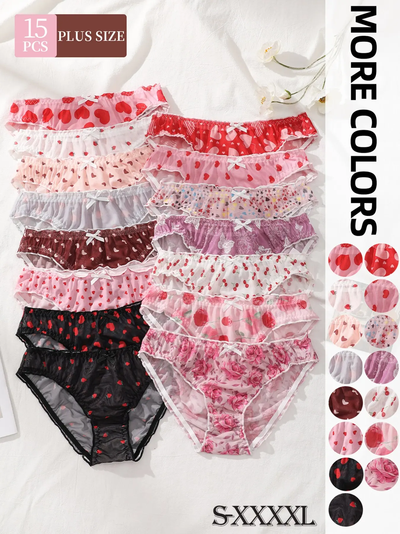 15 Pcs Women's Printed Mesh Sheer Triangle Panties, Cute Heart Cherry Rose Butterfly Print, Elastic Waist, Bow Decor, Lightweight, Comfortable, All Seasons