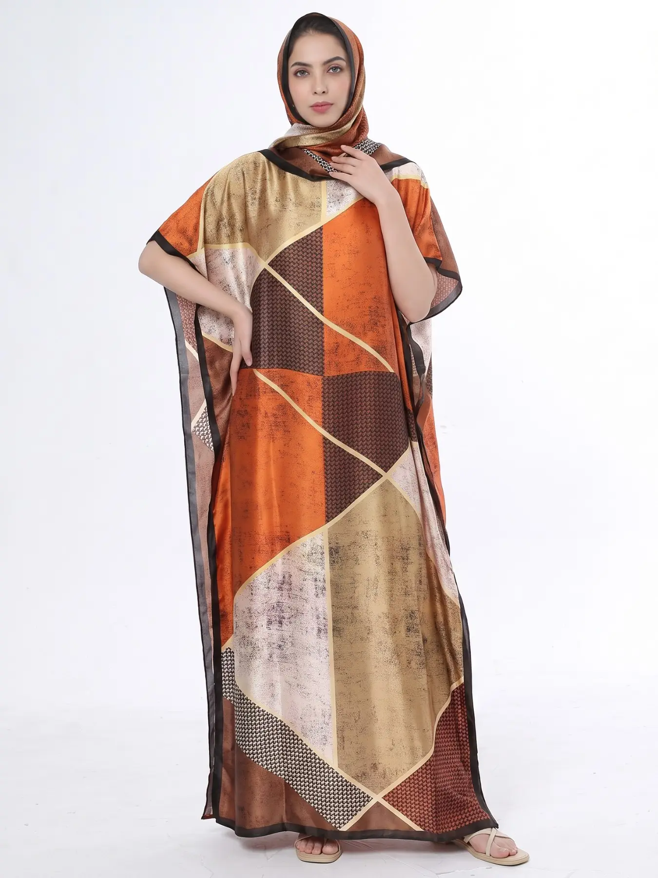 Women's Vibrant Argyle Print Silk-Feel Long Robe & Poncho Set, Thin Loose Muslim Fashion Side Slit Maxi Dress & Scarf Two Piece Sets, Silky Lightweight Sun-Friendly Vacation Outfit