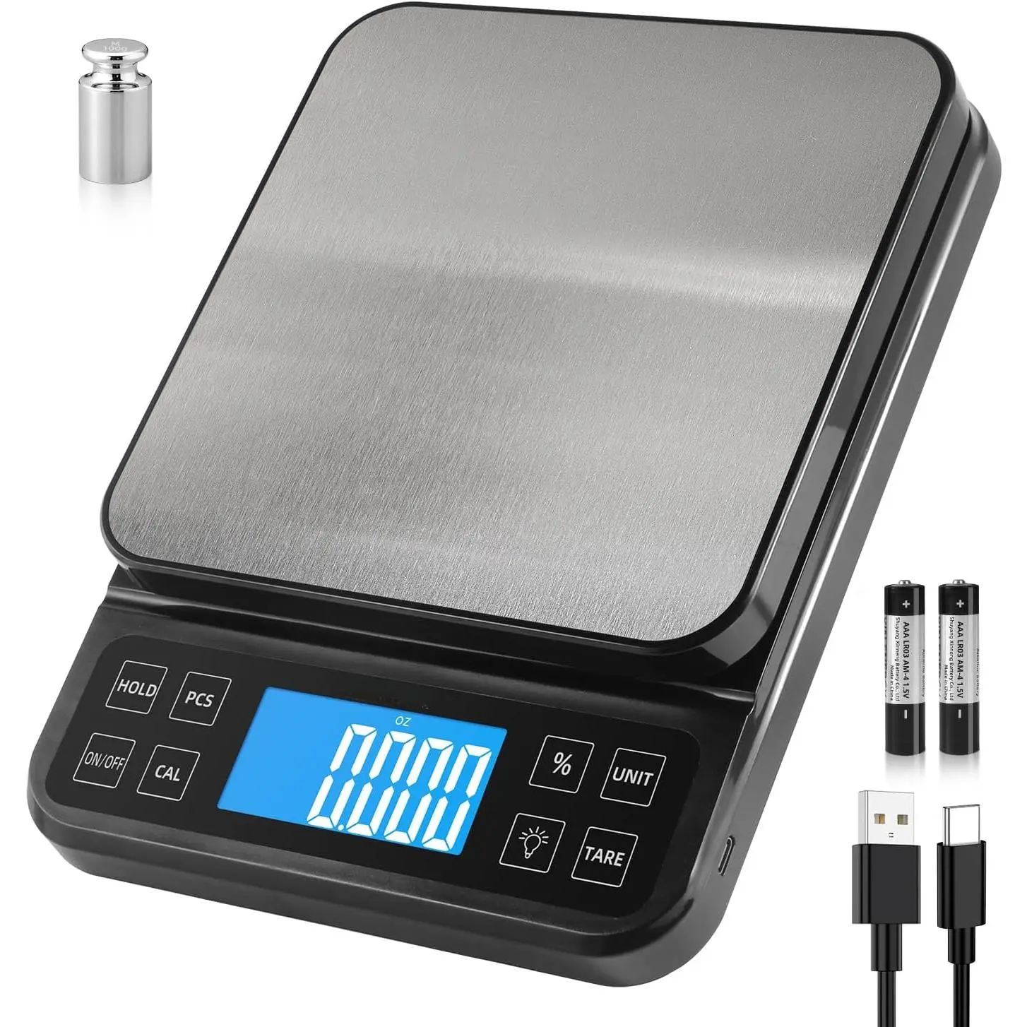 Stainless Steel Large Kitchen Scale, 5kg/11lb High Precision (0.1g/0.001oz) Bakery Scale with Percentage Function, USB Charge, Full View Angle LCD Backlight