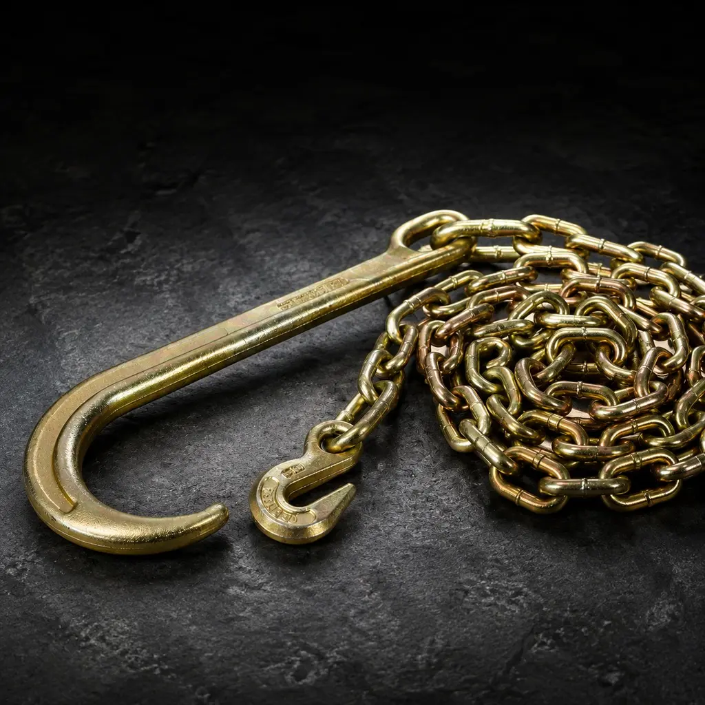 Alloy Steel Tow Chain with Welded Links - 6 ft Length, Grade 70, 4700 lb Safe Working Load, 15 in Forged J Hook, Grab Hook