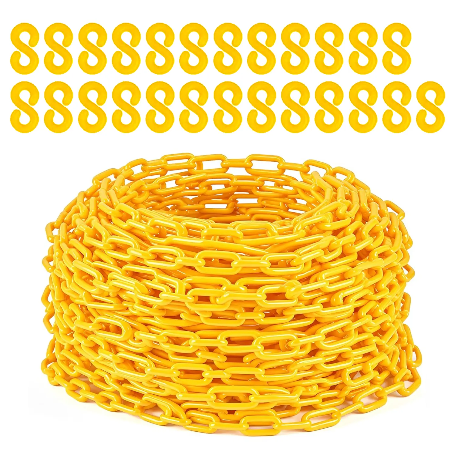 120FT Barrier Chain, 6MM Thick Safety Chain with 1.5-Inch Links, Plastic Chain with 25 Hooks for Crowd Control, Parking Lots, Driveways, Construction & Queue Lines