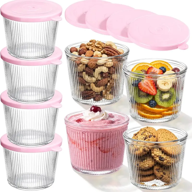 4/6/8pcs Set of Small Covered Glass Bowls, 6.8 Oz., Clear Ribbed Glass Containers, Stackable, Suitable for Desserts, Puddings, Sauces, Salads, Nuts, Oats, Candies, Sweets, Cereals, Etc