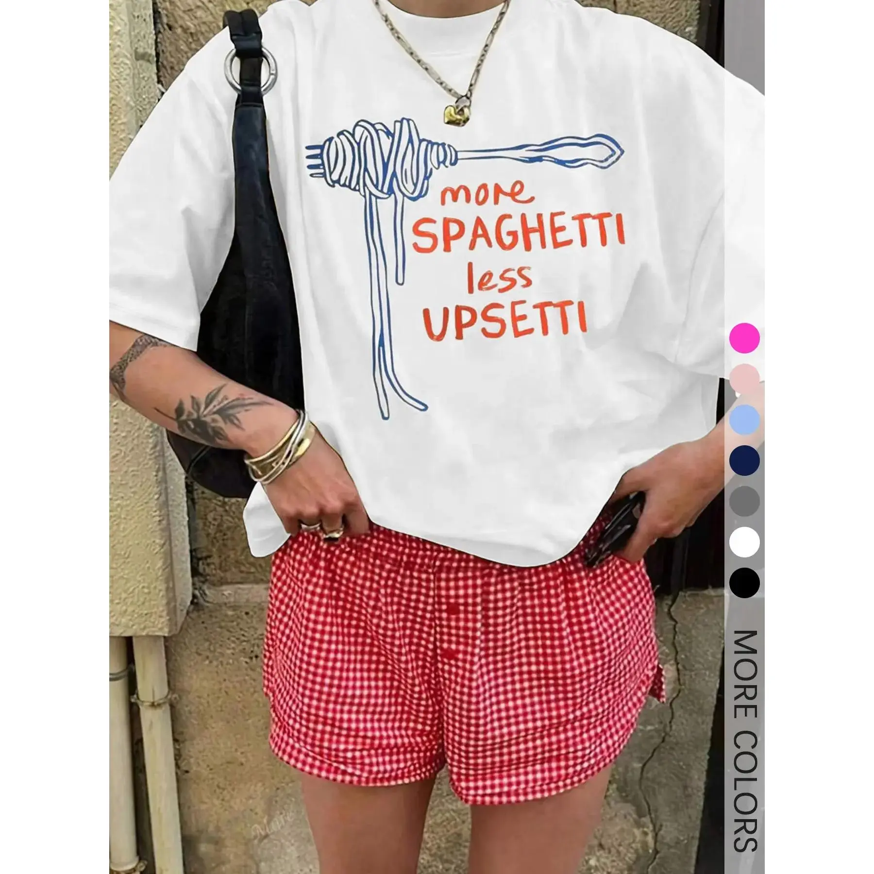 More Spaghetti Less Upsetti Funny Pasta Fork Graphic T-Shirt, High Quality Print Trendy Tee, Casual Daily Outfit, Versatile Weekend Top, Perfect Affordable Small Surprise Gift For Italian Food & Pasta Lovers