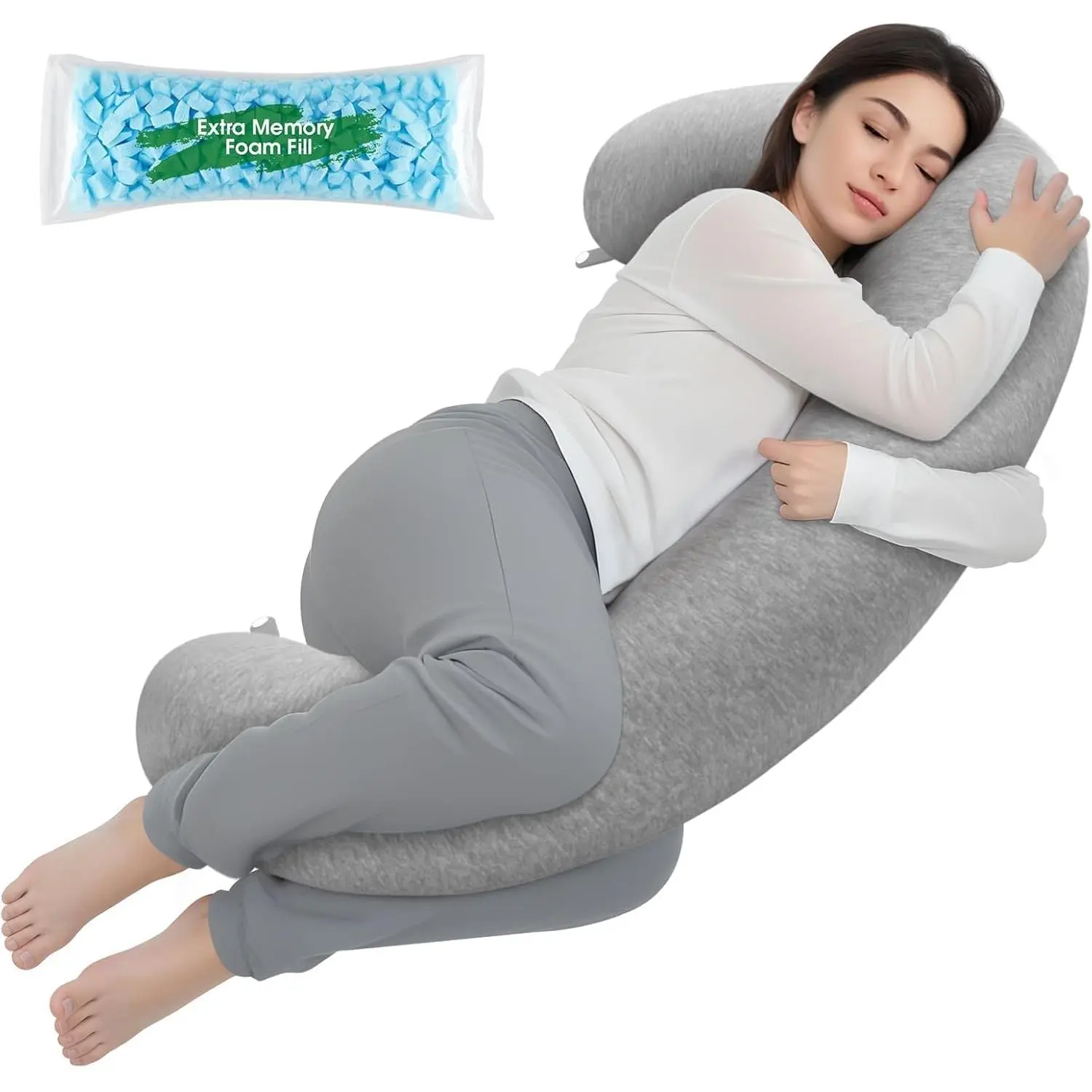 C Body Pillow for Side Sleepers, Long Pillow for Leg, Hip & Back, Soft Washable Cover,Grey-47"*10"