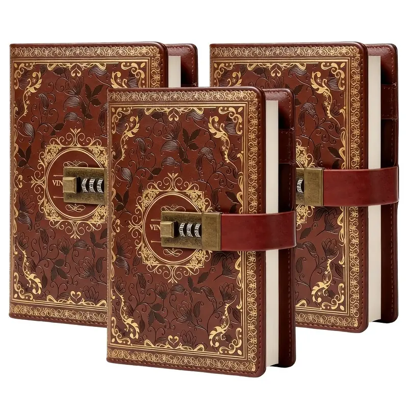 Set of three B6 hardcover executive notebooks, vintage-style password lock journals, subject notebooks, lab notebooks, stationery notebooks, suitable for office workers and students