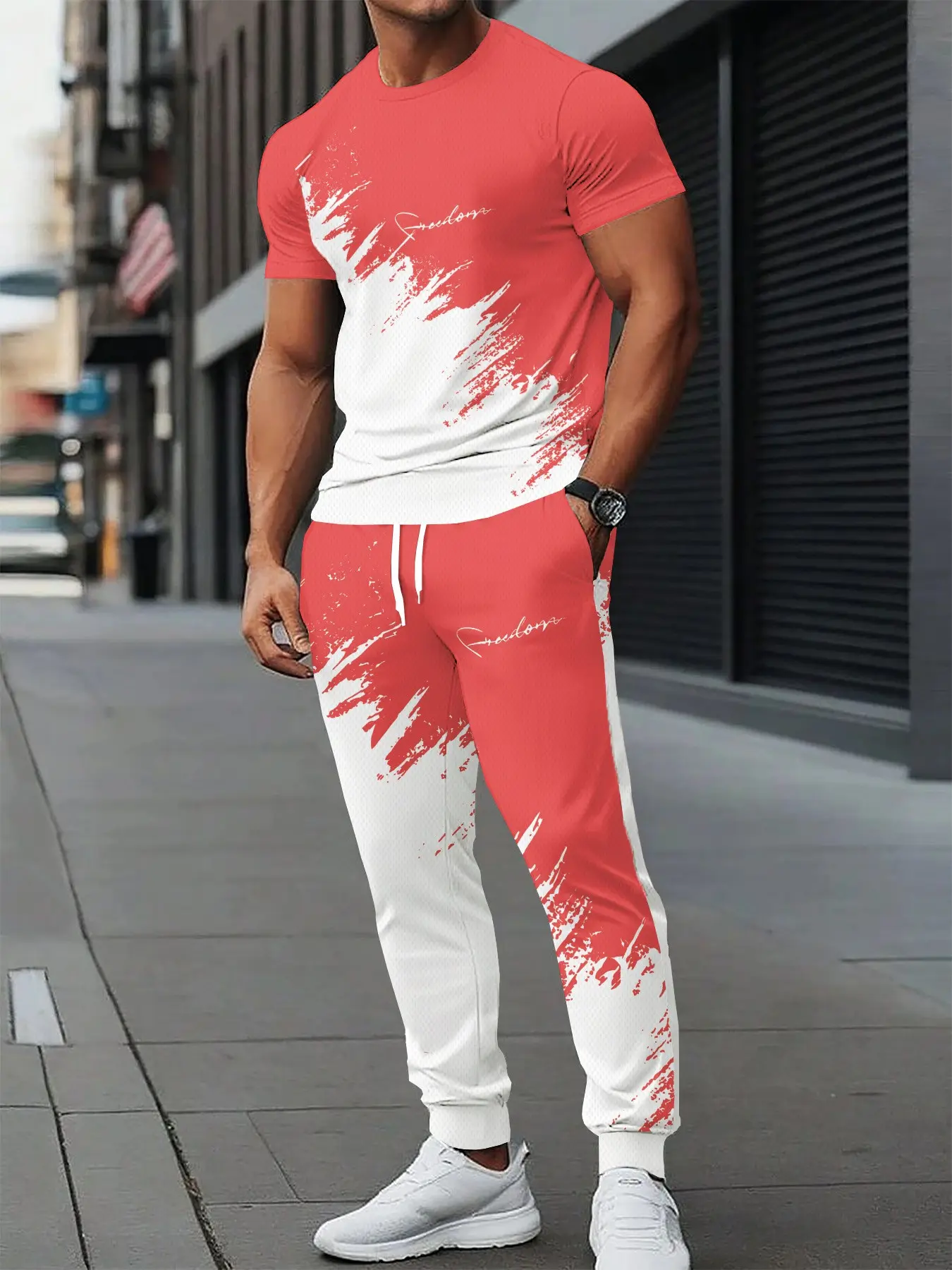 Two-piece set of men's jogger pants with ink splatter color blocking design for spring and autumn, including a men's crew neck T-shirt and drawstring jogger pants., Breathable Comfort Fabric, All Seasons Wear，Back-to-school outfits，Summer Sale T-shirts