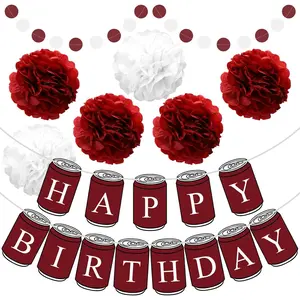 8 Pcs Burgundy Maroon White Birthday Decorations Drinks Cola Decor Include Happy Birthday Banner Tissue Paper Flower Pom Poms Circle Dots Hanging Garland for Party