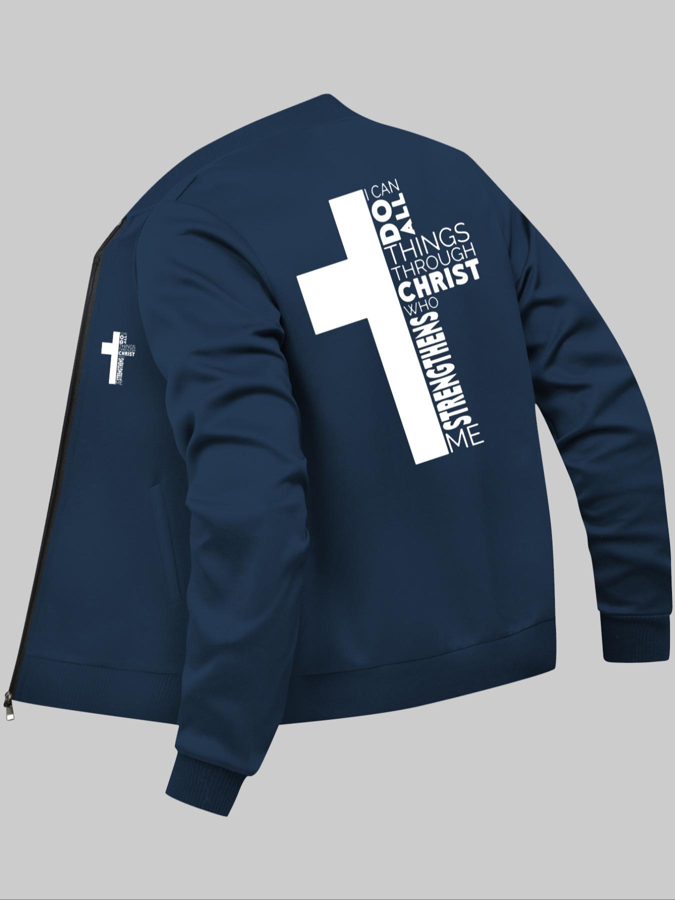 Men's Letter & Cross Print Zip Up Baseball Collar Jacket, Regular Fit Casual Long Sleeve Pocket Outerwear for Daily Wear, Men's Clothes for All Seasons