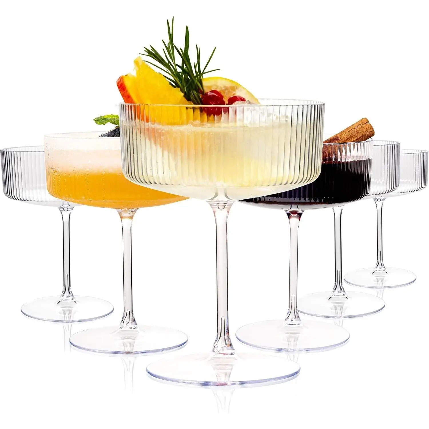 12PCS Plastic Ribbed Martini Glasses - 10 Oz Disposable Coupe Glasses with Stem - Heavy Duty Margarita Cups for Bars, Cocktails, Whiskey, Parties & Wedding