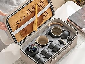 Japanese Tea Set, Chinese Tea Set, Tea Sets for Adults, Tea Pet, Gongfu Tea Set, Portable Tea Set, 14-Piece Porcelain Tea Set Withgrey Leather Case, Asian Tea Set for Home, Outdoor, Business