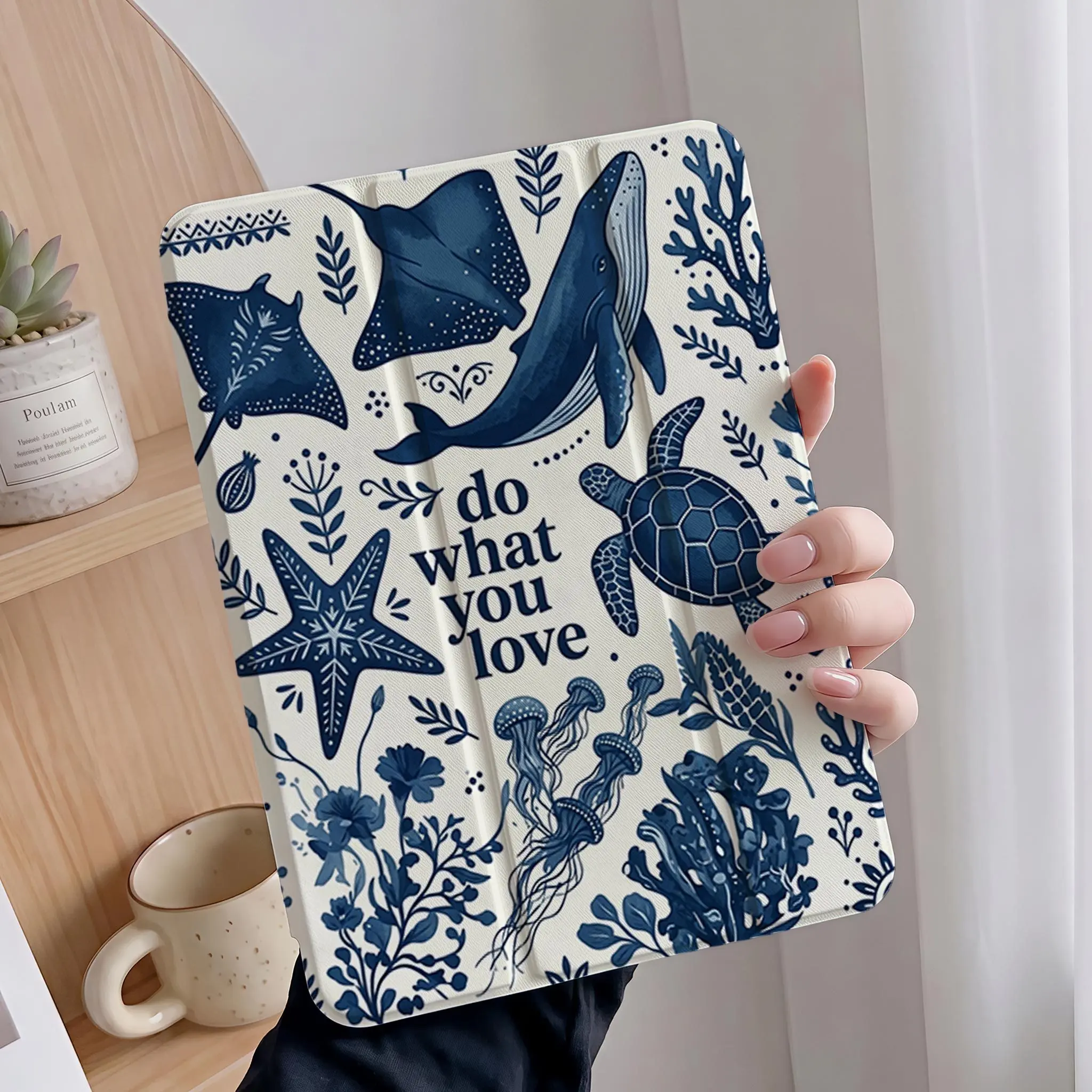 for 2026 New for iPad Pro 13 11 M4 Air 6 11 13 10Th Gen 10.9 Air 5 4 Blue Marine Ocean Whale Turtle Tablet Case Cover with Pencil Holder Auto Wake Sleep Aesthetic Artistic Inspirational Quote Gift