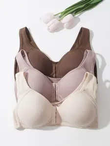 3-Pack Women's Plain Casual Bras, No Underwire, Non-Removable Pads, Lifted Comfortable Breathable Lingerie, Front Buckle, Wide Strap, All Seasons