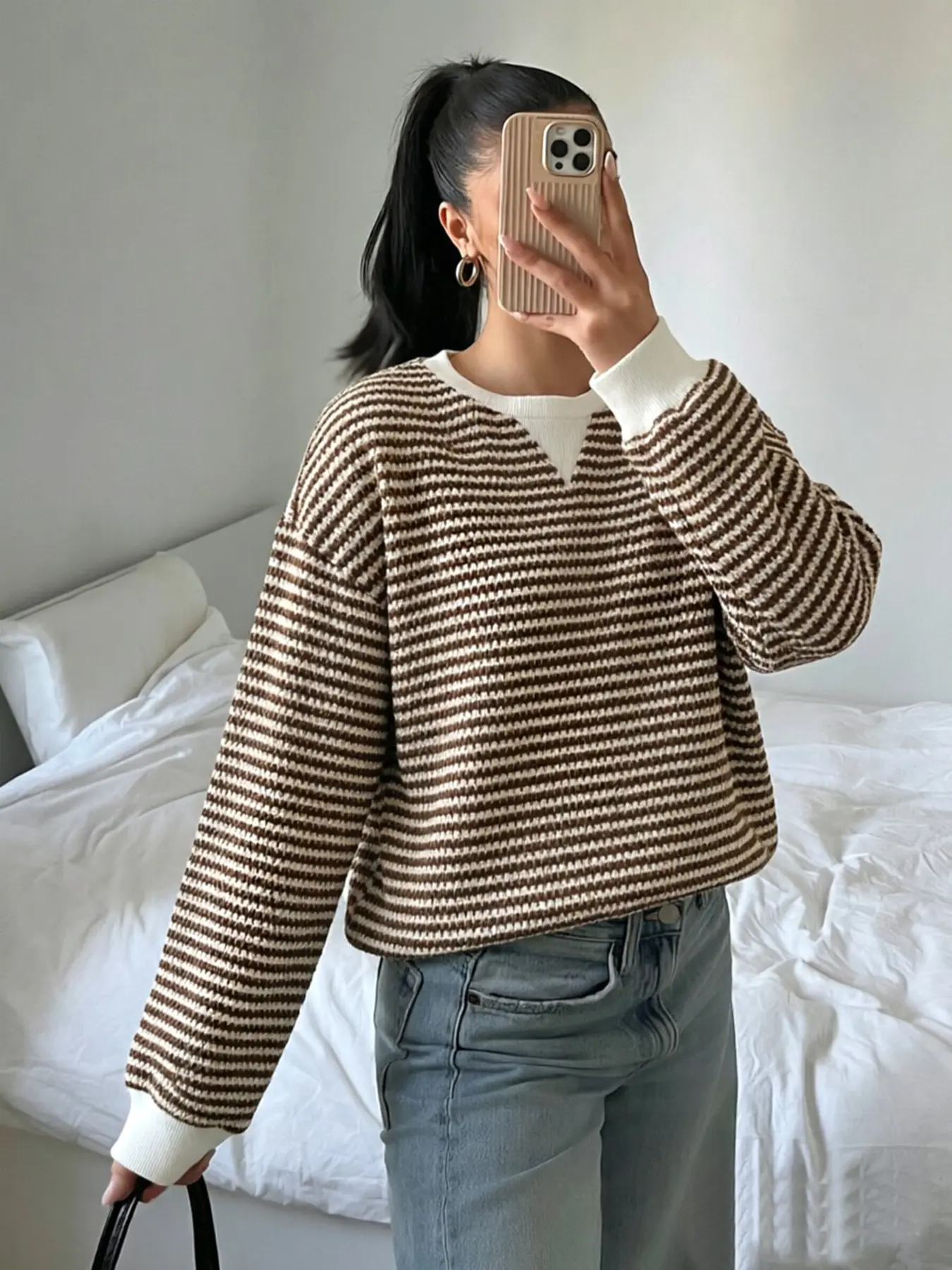 Women's Fall Winter Casual Long Sleeve Knit top Textured Striped Fabric Pullover, Comfortable Outerwear for Daily Wear, Knitwear