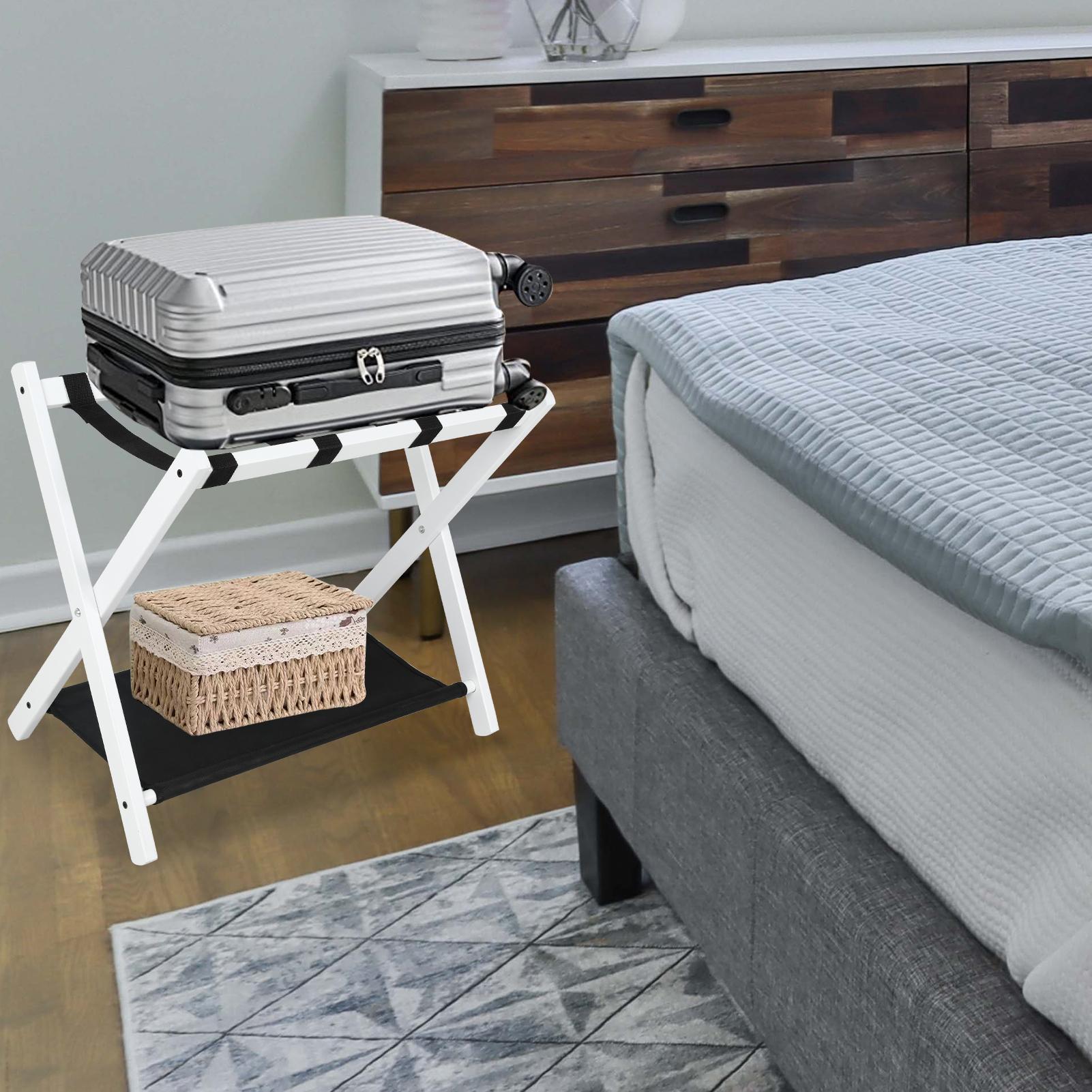 Babion Folding Luggage Rack for Guest Room 2 Pack, luggage Racks for Suitcase Stand with Nylon Straps, Luggage Stand Double Tiers Bamboo Luggage Holder for Bedroom,Hotel, No Assembly On-Site